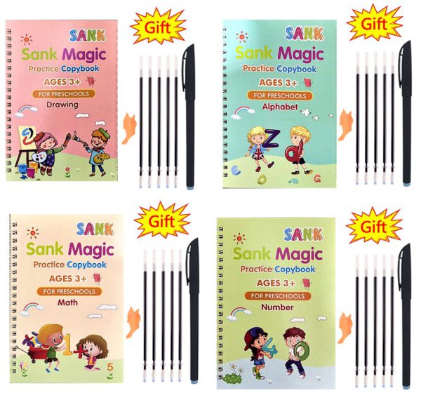 Set of 4 Magic Writing Practice Books with 5 Refills, Magic Copybook Pen, and Free Wiping Sticker for Children's Calligraphy Practice